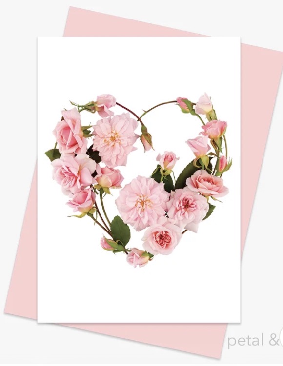 Petals & Pins greeting card featuring a heart made of pink roses on a blush envelope