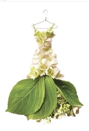 Close up of the Hydrangea floral dress artwork on the Petals & Pins linen tea towel